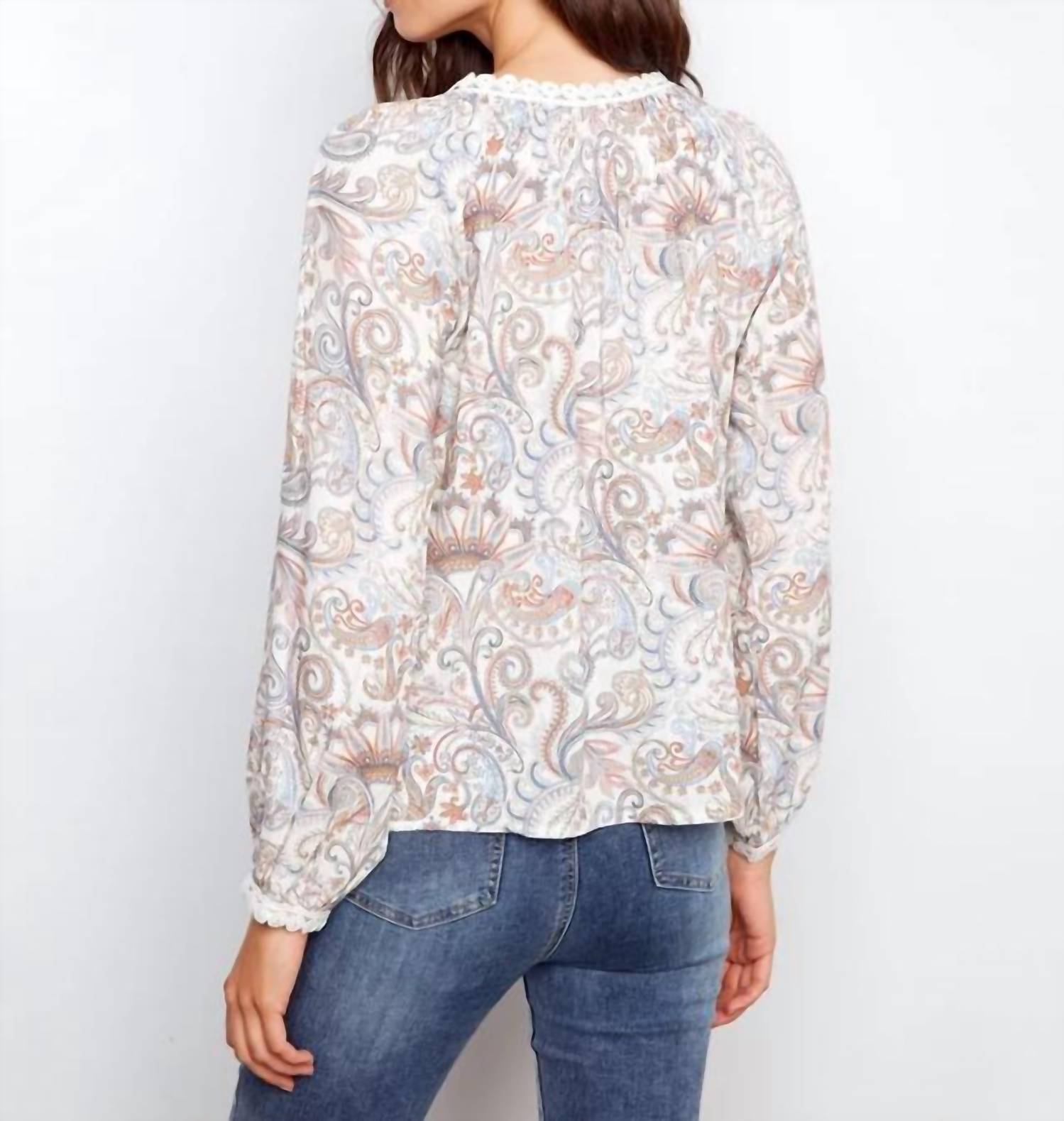 Charlie B - Printed Linen Blend Raglan Blouse with Crochet Trim