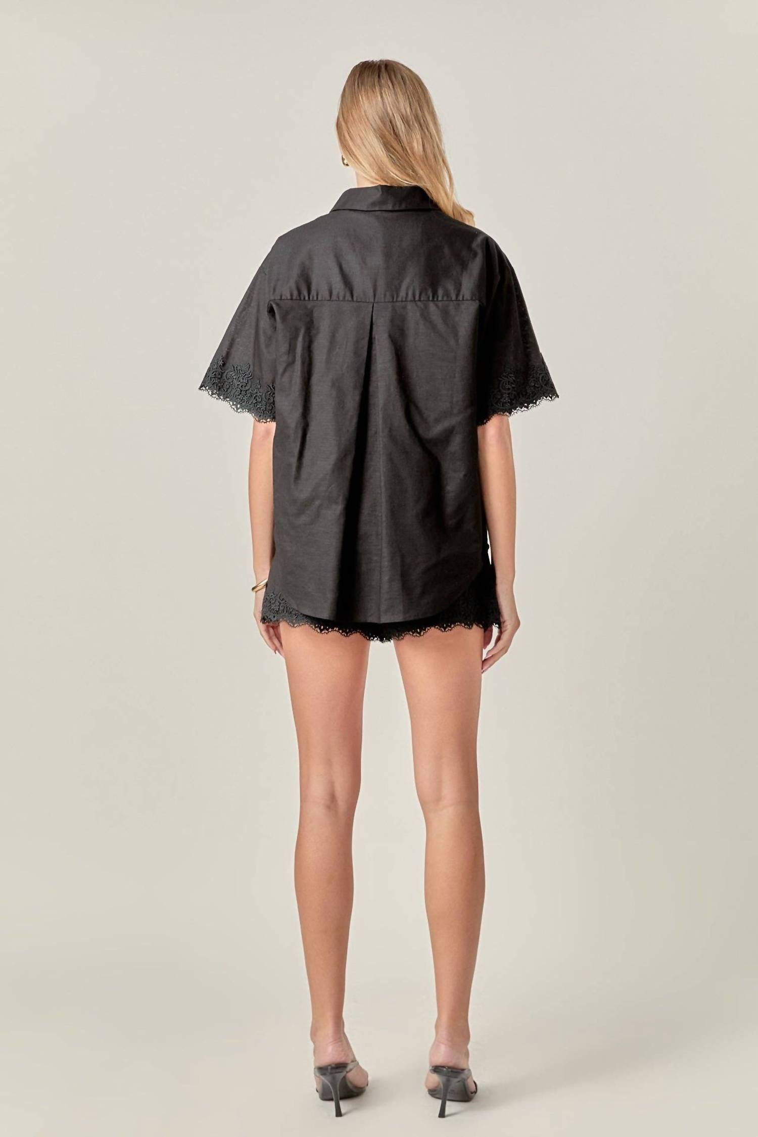 English Factory - Midnight Lace Linen Shirt and Shorts Set