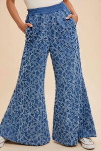 Anniewear - Flower Chenille Denim Palazzo Pant