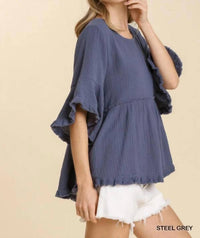Umgee - Gauze Round Neck Short Bell Sleeve Babydoll Top
