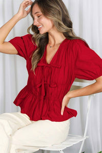 Vine & Love - Subtle Elasticized Detailing Blouse With Front Tie