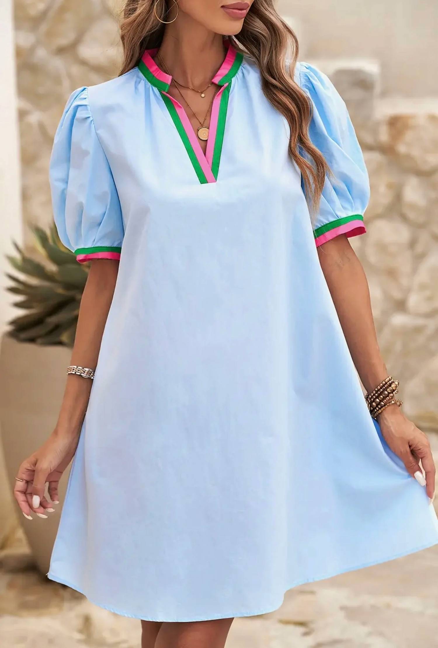 Little Daisy Closet - Contrast Trim Puff Sleeve Mini Dress