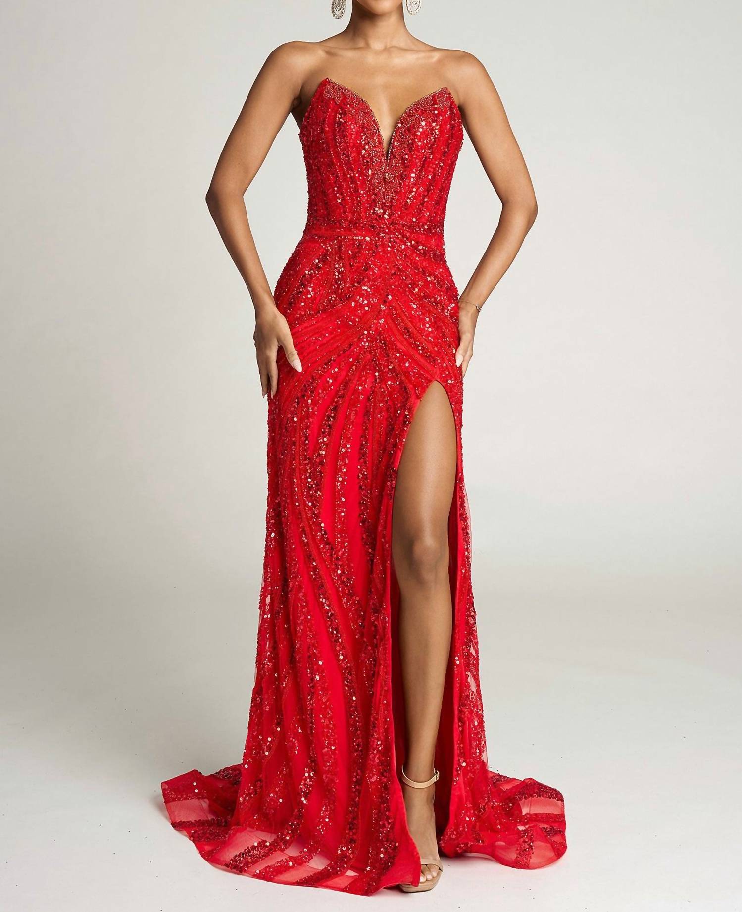 PORTIA&SCARLETT Strapless Beaded Prom Dress in red - women's dress