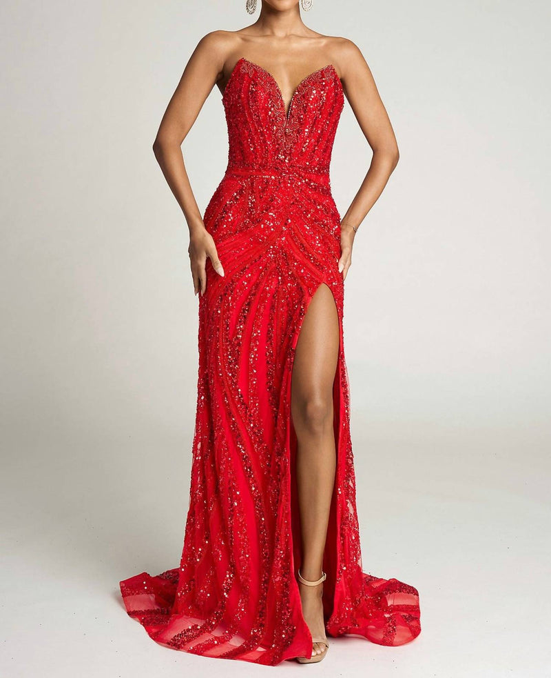 PORTIA&SCARLETT Strapless Beaded Prom Dress in red - women's dress