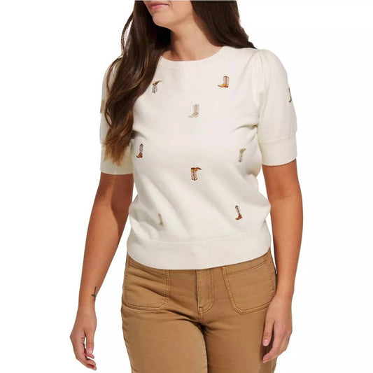 Gilli - Round Neck Puff Sleeve Embroidered Knit Top