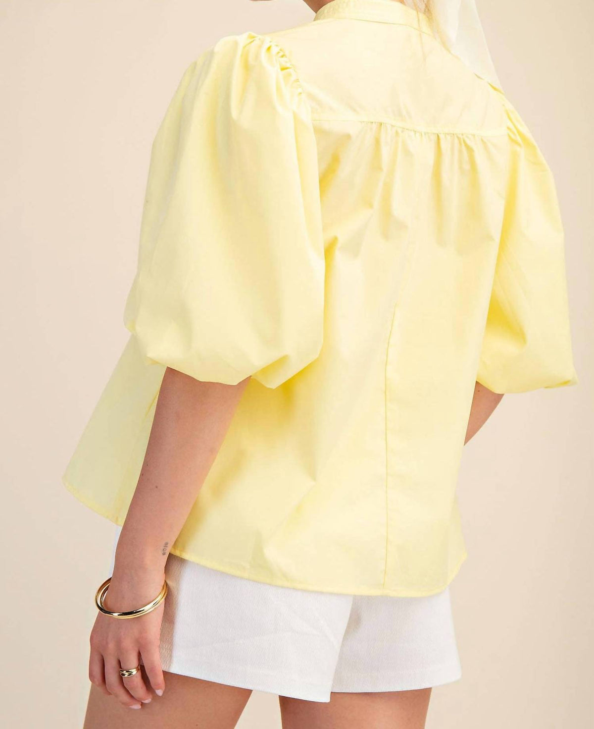 Glam - Collar V-neck Bubble Sleeve Poplin Top