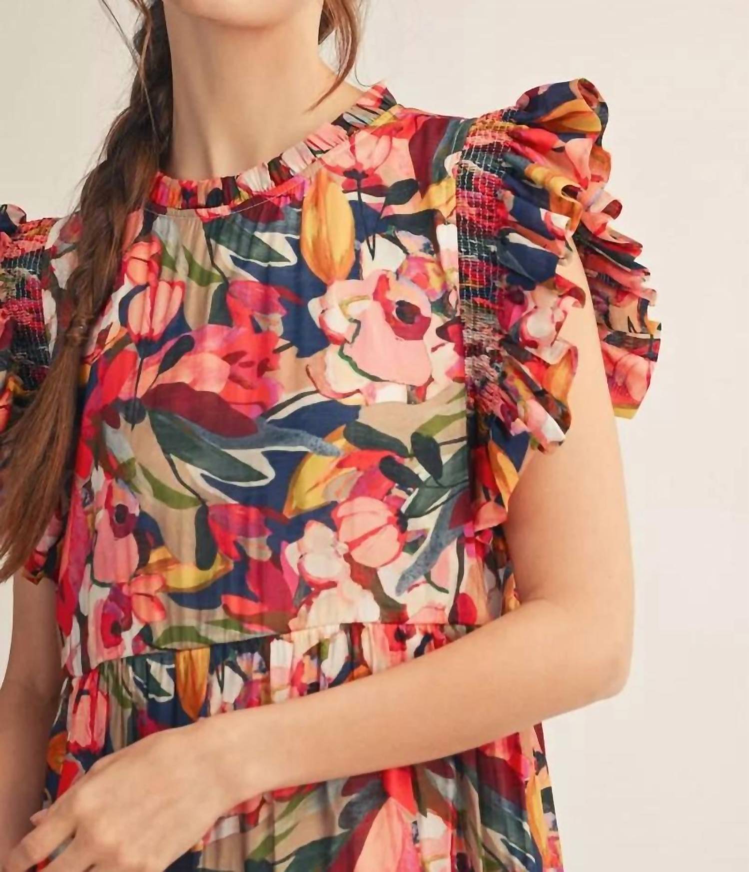 Jodifl Ruffled Cap Sleeve Dress in multi - women's dress - detail view