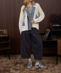 Blu Pepper Cable Knit With Denim Detail Sweater Jacket in cream - women's jacket - view 6