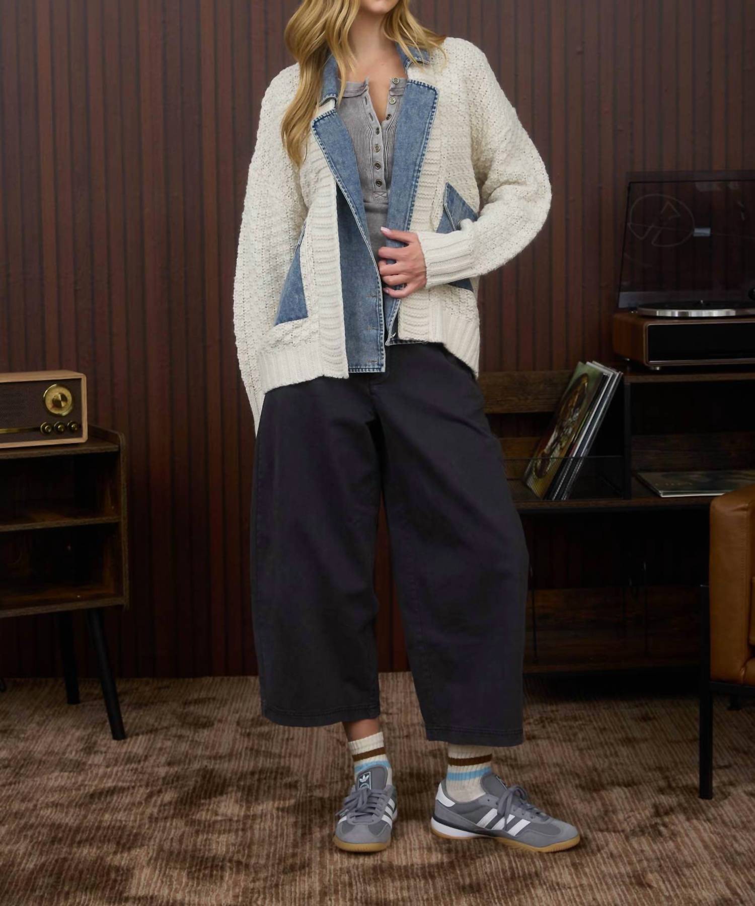 Blu Pepper Cable Knit With Denim Detail Sweater Jacket in cream - women's jacket - view 6