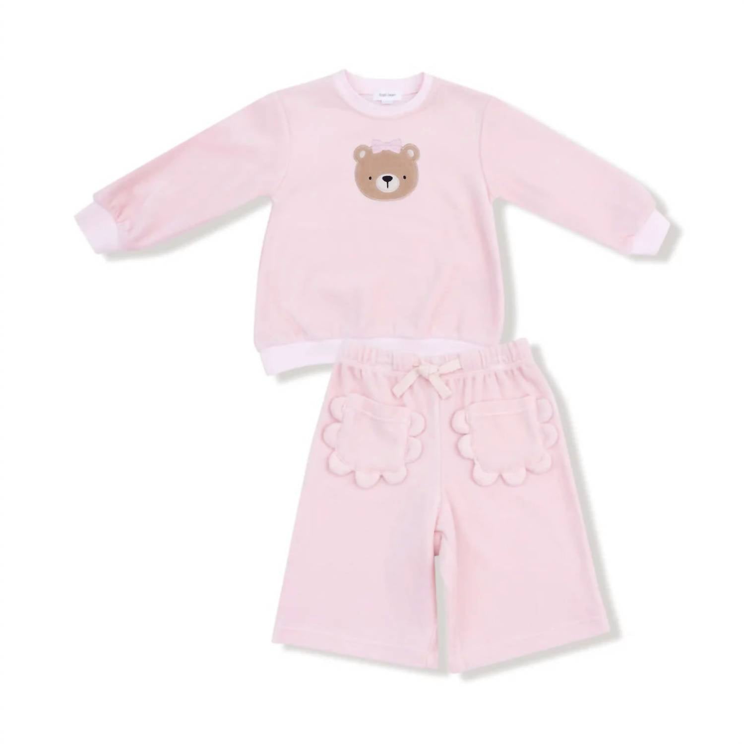 ANGEL DEAR Girls Velour Teddy Bear Petal Pocket Pants Set in veiled pink - item