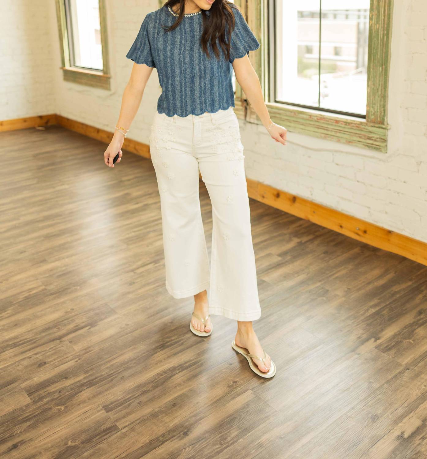 Rivir - CECELIA DENIM JEWELED COLLAR SCALLOPED EDGE TOP