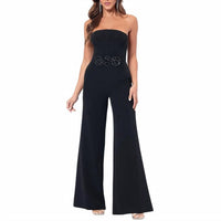 Betsy & Adam - Rhinestone Flower Applique Strapless Wide Leg Jumpsuit