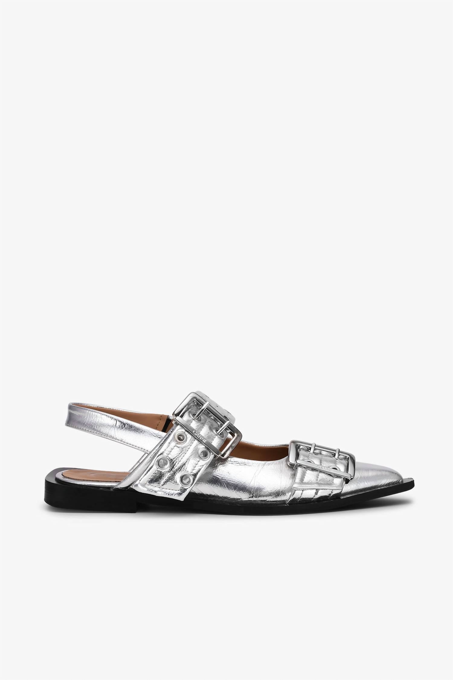 Ganni - Women's Metallic Feminine Buckle Ballerinas Shoes