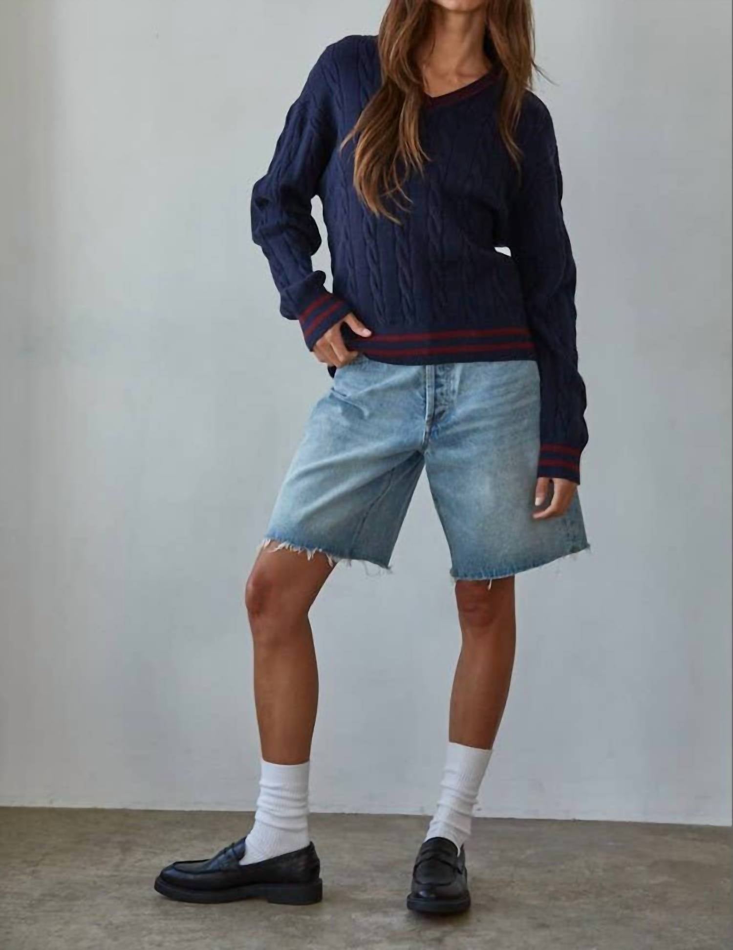 By Together - Knit Cable Sweater V-Neck Long Sleeve Pullover Top