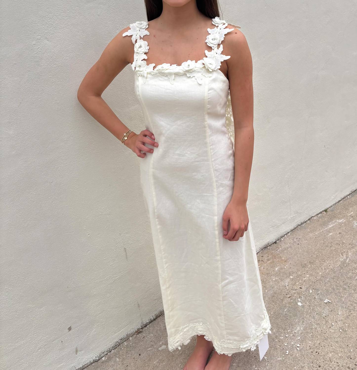 English Factory - Floral Detail White Linen Maxi Dress