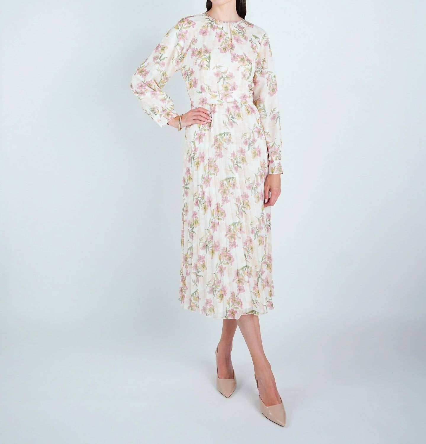 John Abgin - Chiffon Floral Waisted Midi Dress
