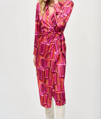 Joseph Ribkoff Long Sleeve Wrap Dress in pink multi - women's dress - detail view