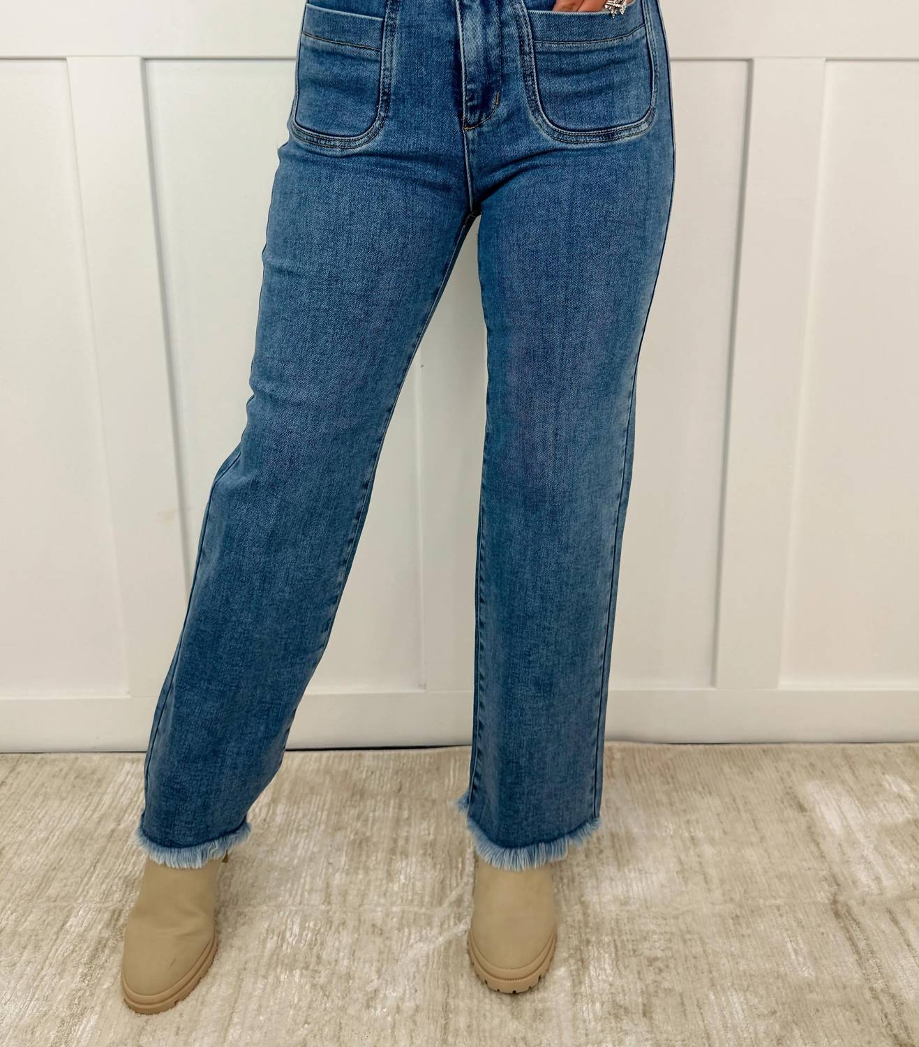 Saige Denim - Marie High-rise Fray Hem Adjustable Quad Button Bootcut Jeans