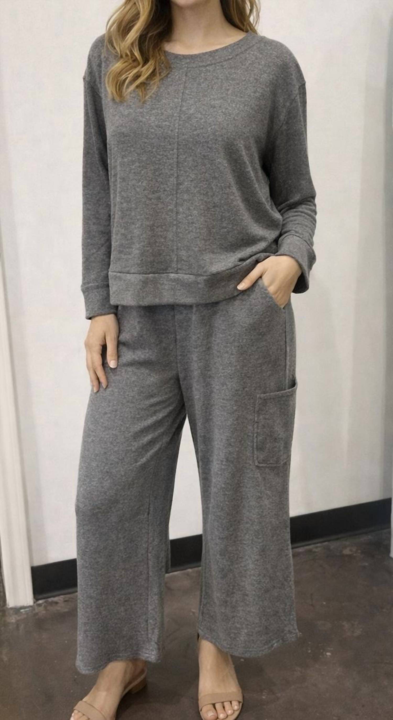 Shana Apparel Two-Piece Top and pull on pant in 44 dark grey - women's sleepwear