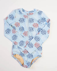 Ollie Jay Firework One Piece Rashguards in blue - kids' item - alternate view