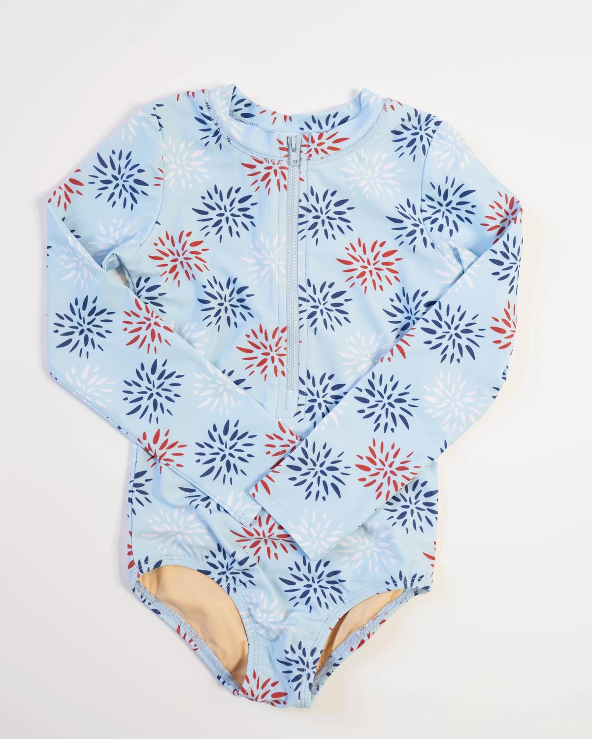 Ollie Jay Firework One Piece Rashguards in blue - kids' item - alternate view