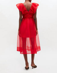 GANNI Textured Organza Long Ruched Dress in marsred - women's dress - detail view