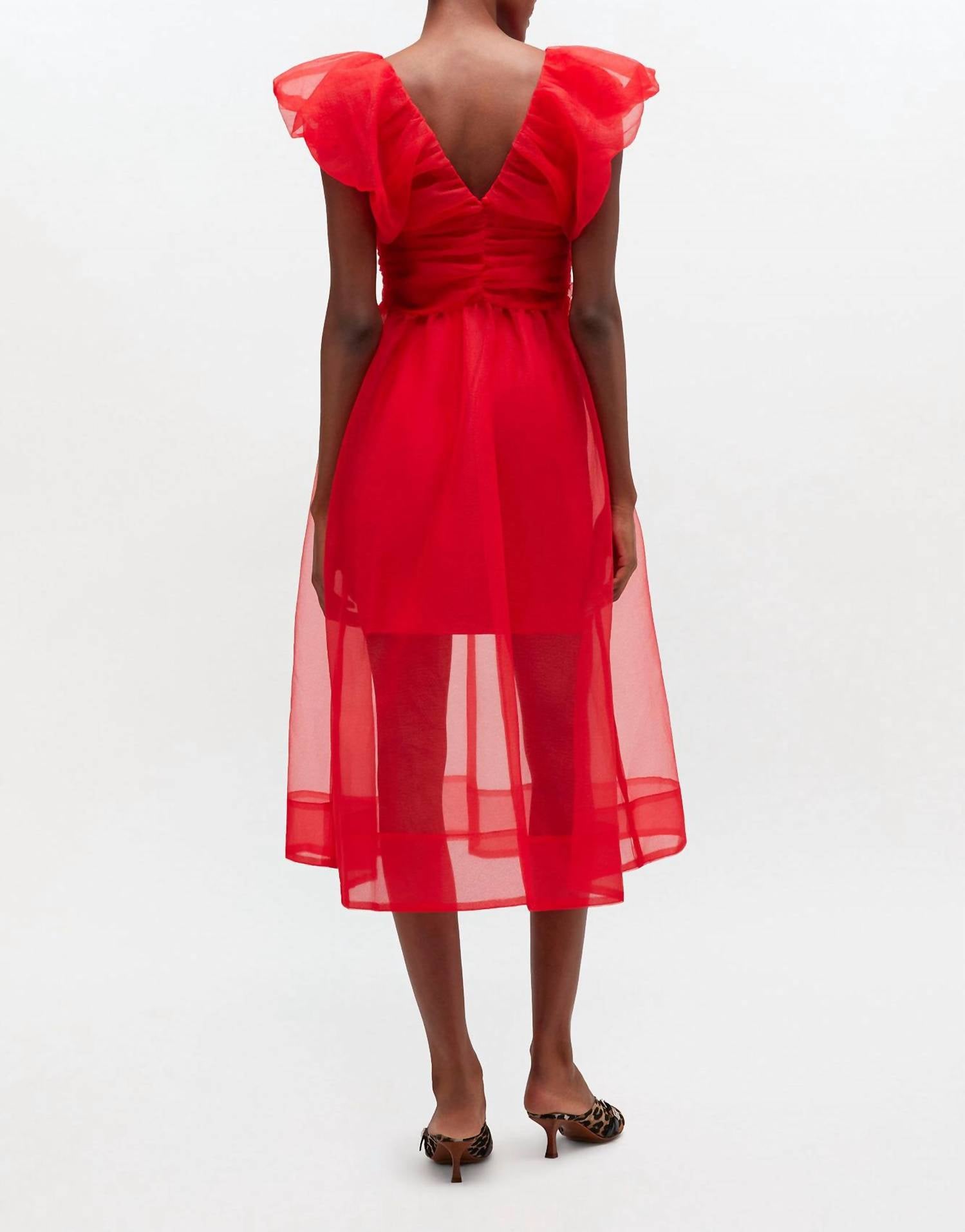 GANNI Textured Organza Long Ruched Dress in marsred - women's dress - detail view