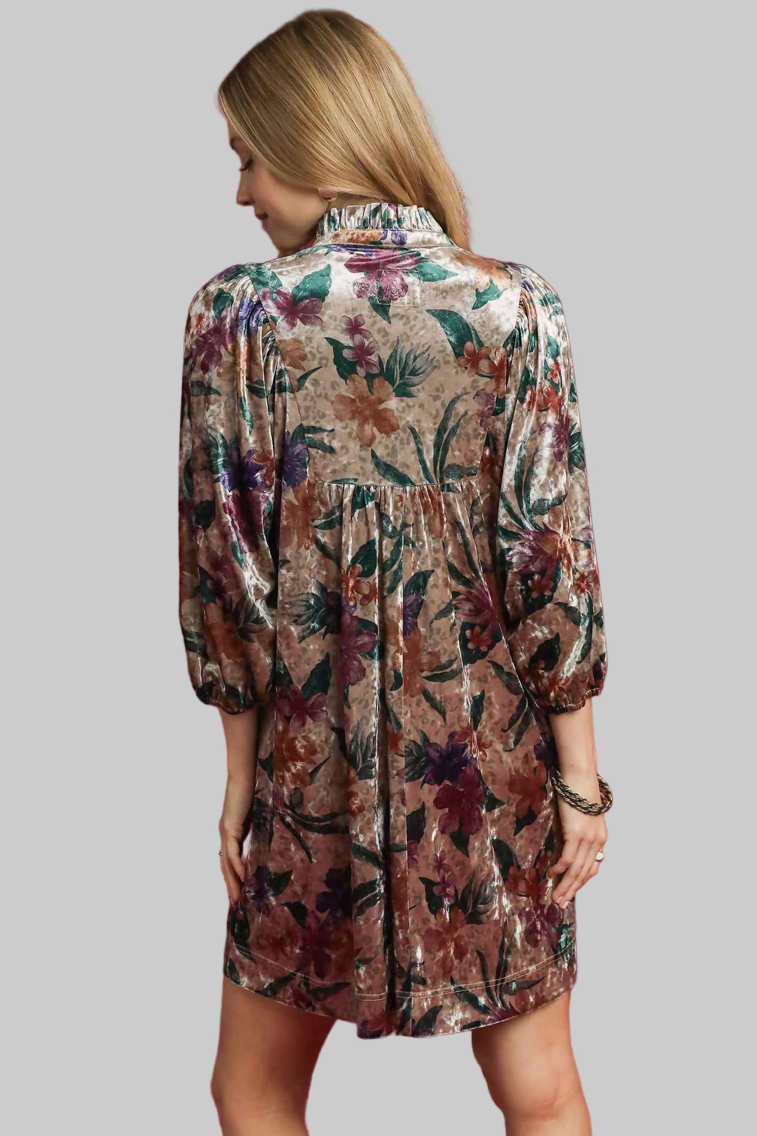 Umgee - Velvet Floral Print Balloon Sleeve Short Dress