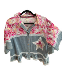 Bibi - Women's Denim Floral Button Up Crop Top