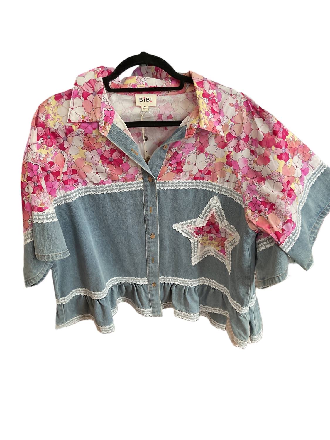 Bibi - Women's Denim Floral Button Up Crop Top