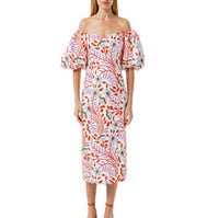 RHODE Karima Off The Shoulder Linen Midi Dress in lago vine print - women's dress