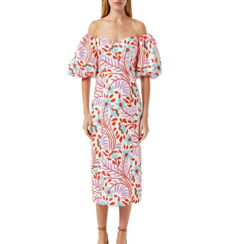 RHODE Karima Off The Shoulder Linen Midi Dress in lago vine print - women's dress