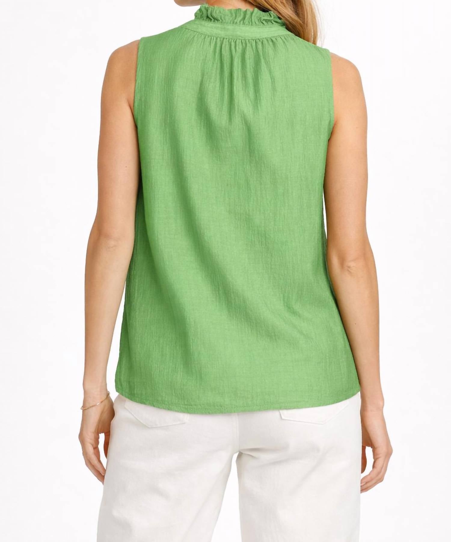 Jade Sleeveless Ruffle Neck Top in avocado - women's tank top - detail view