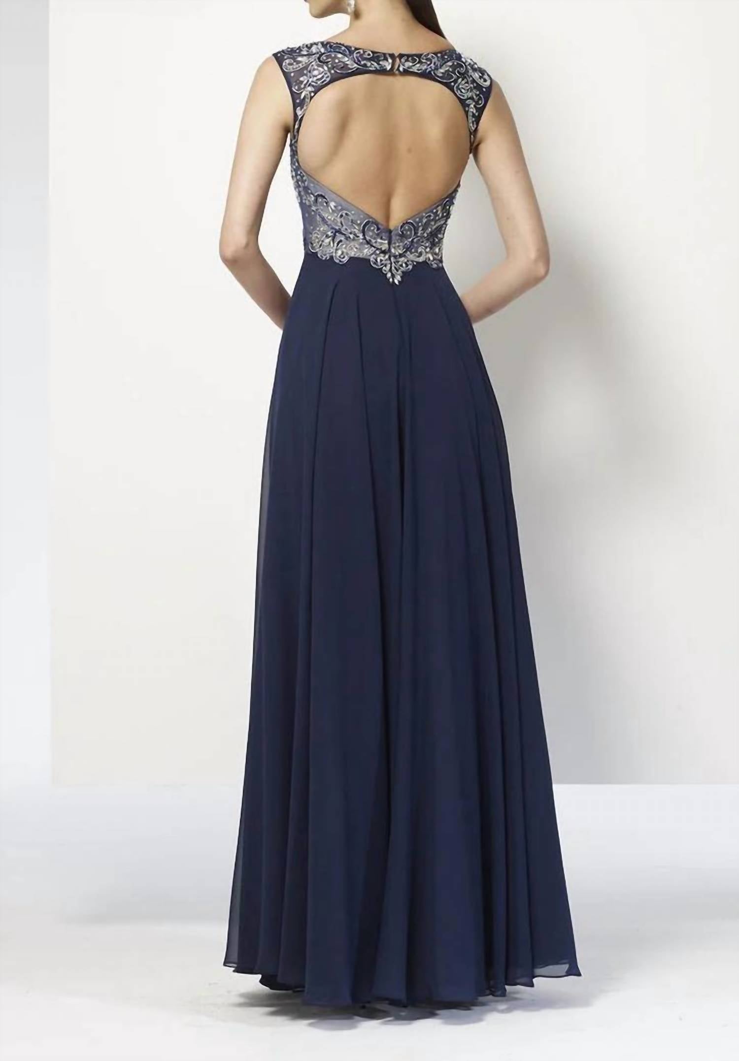 ALYCE PARIS Sleeveless Embellished V Neck Chiffon Gown in navy - women's dress - detail view