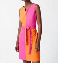 Joseph Ribkoff Colour-blocked Belted Dress in orange pink - women's dress - detail view