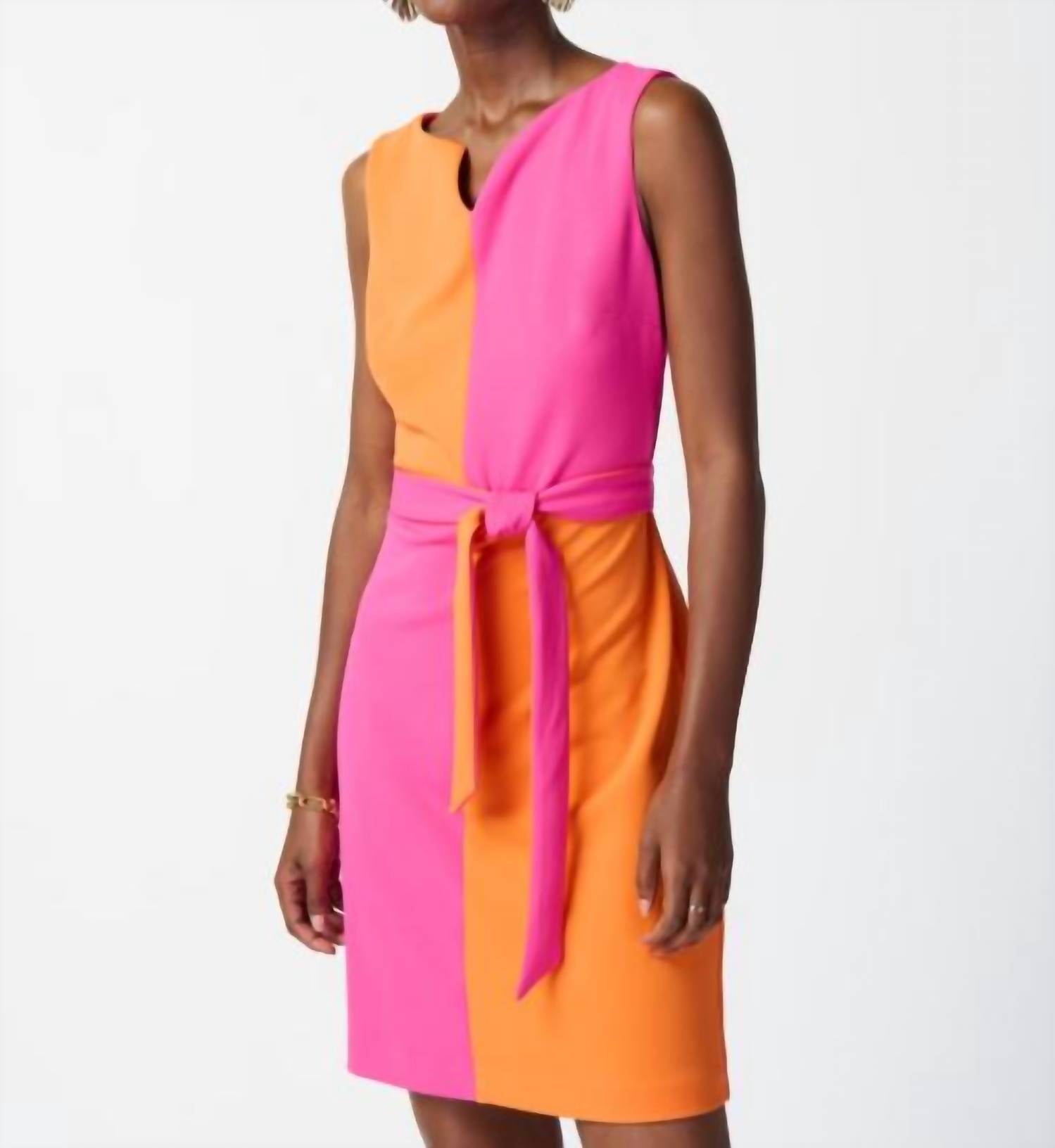 Joseph Ribkoff Colour-blocked Belted Dress in orange pink - women's dress - detail view