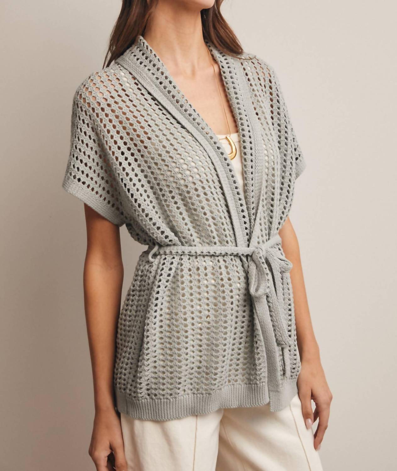 Forte Open Knit Belted Cardigan in seafoam - women's cardigan - alternate view