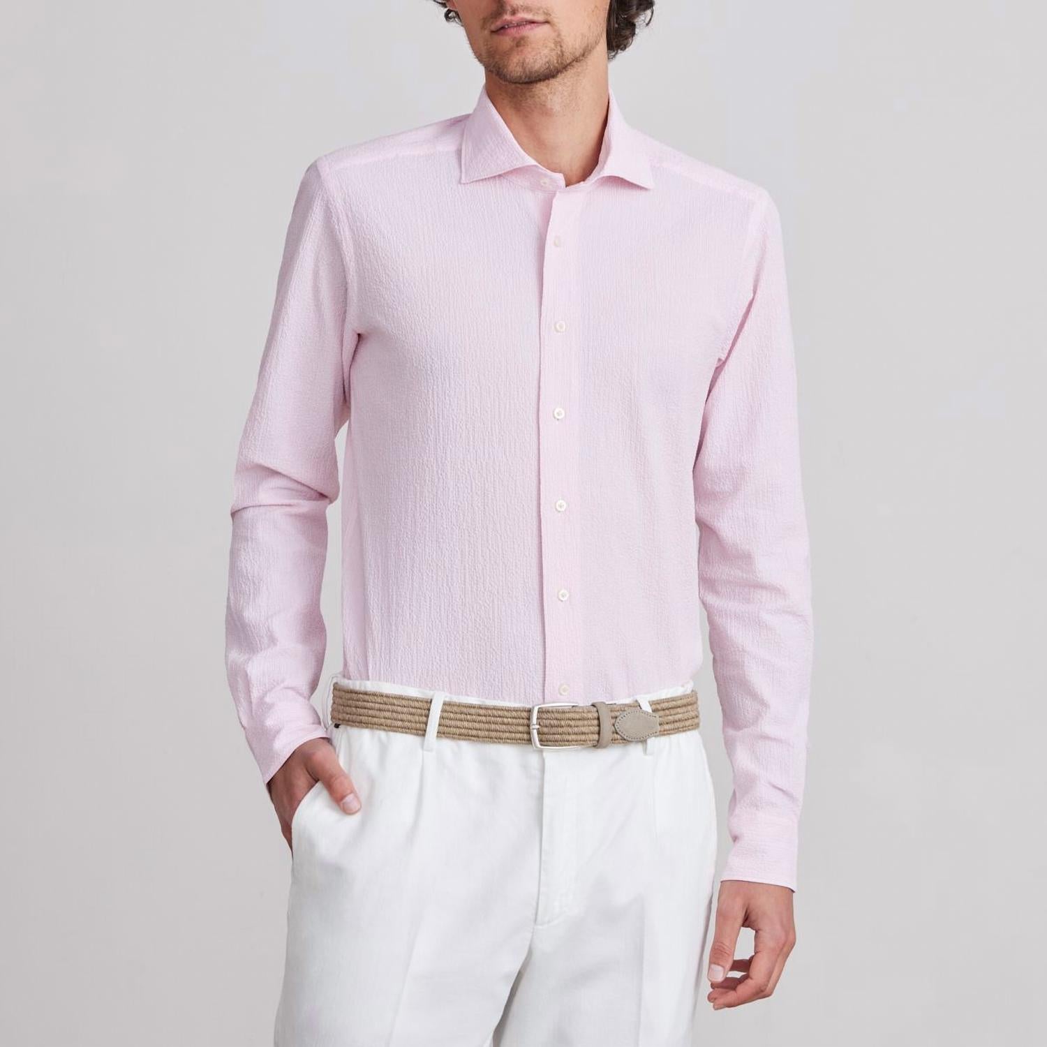 Emanuel Berg Byron Textured Crinkle Pin Stripe Shirt in light pastel pink - men's shirt