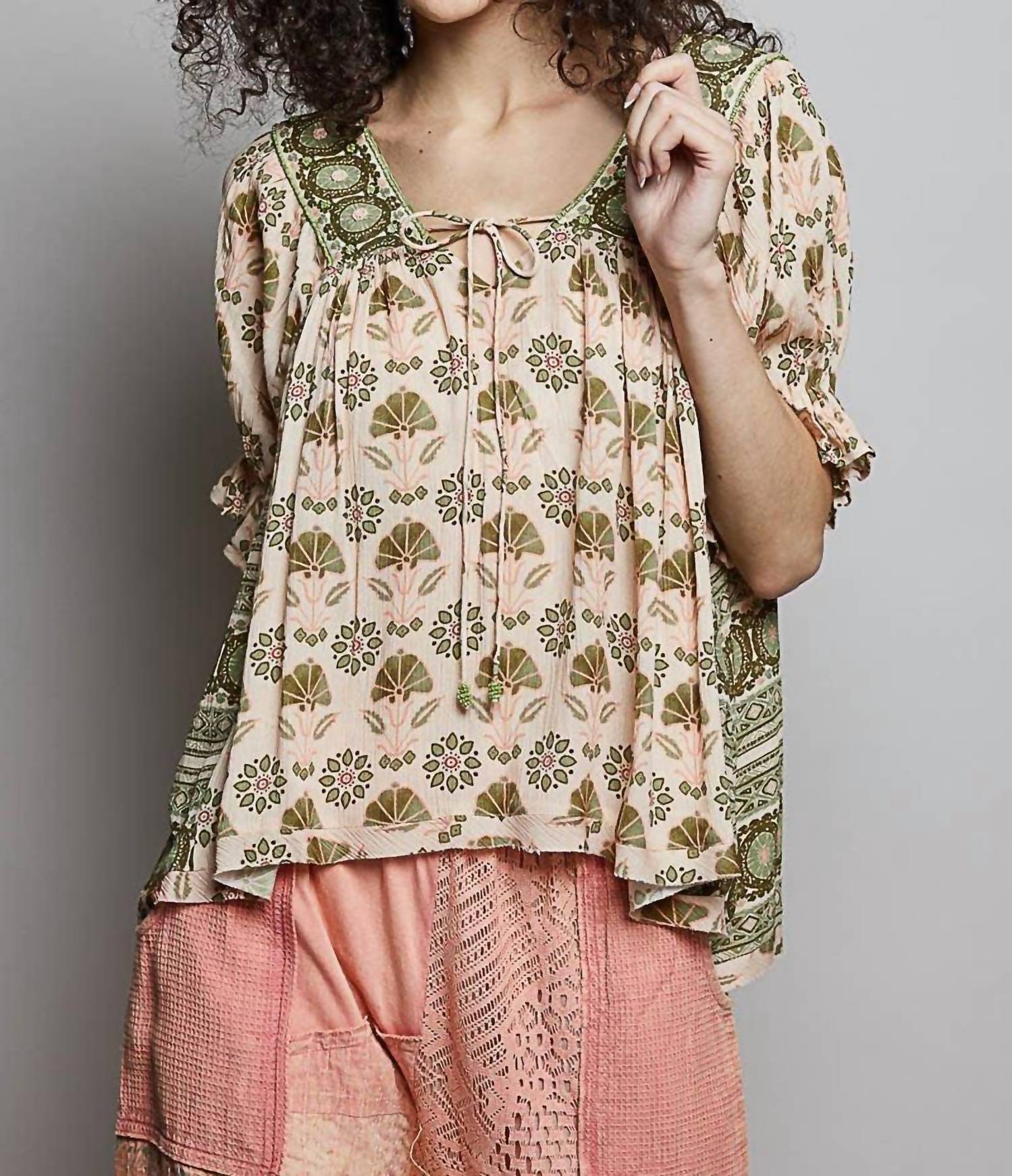 POL Feminine Beads Trim Accent Woven Top in sand multi - women's blouse - view 4