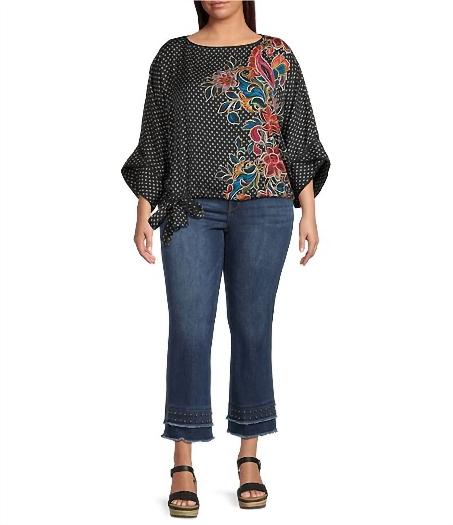 Democracy - 3/4 Dolman Sleeve Polka Dot & Floral Boatneck Top