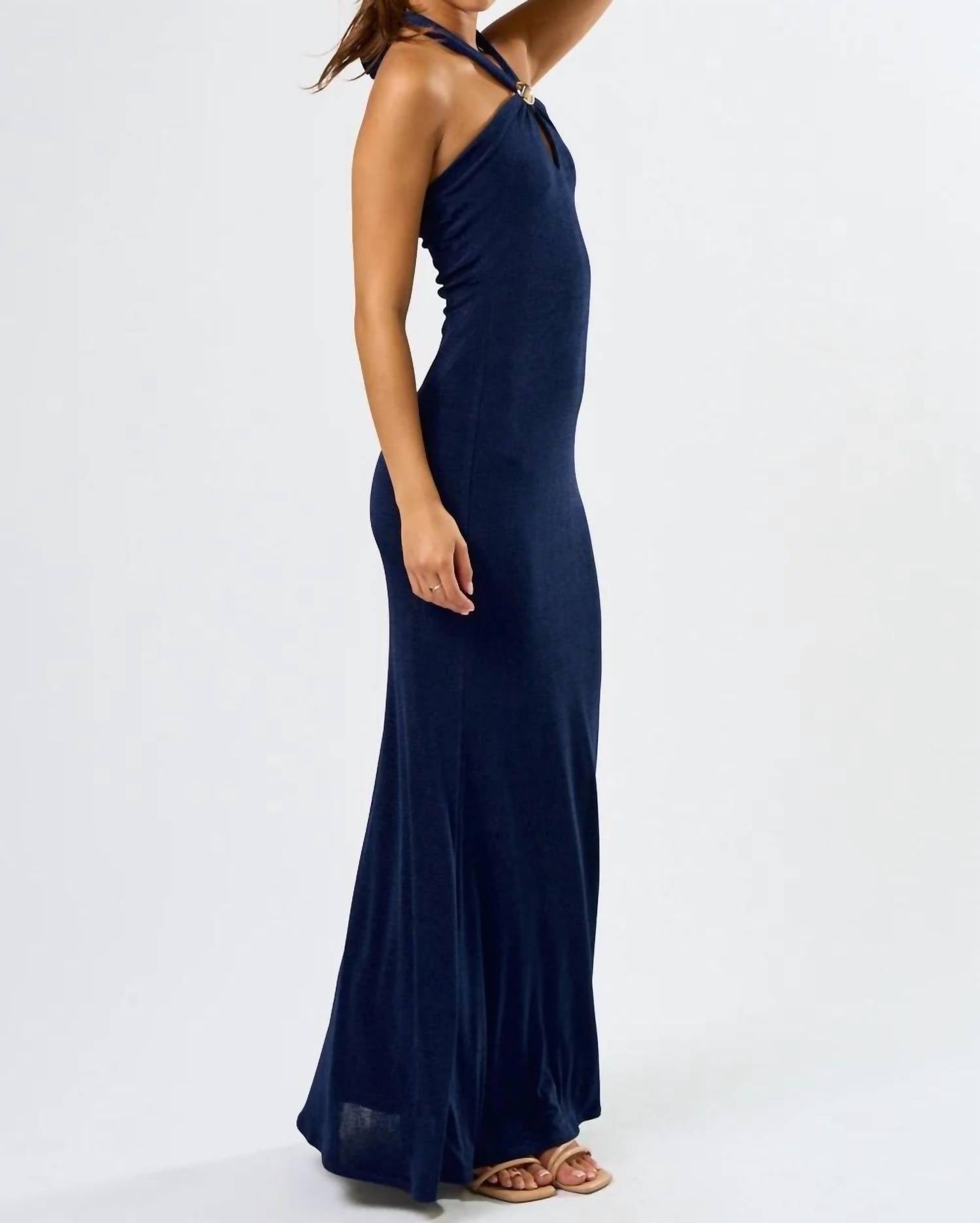 Blue Blush - Metal Trim Halter Maxi Dress