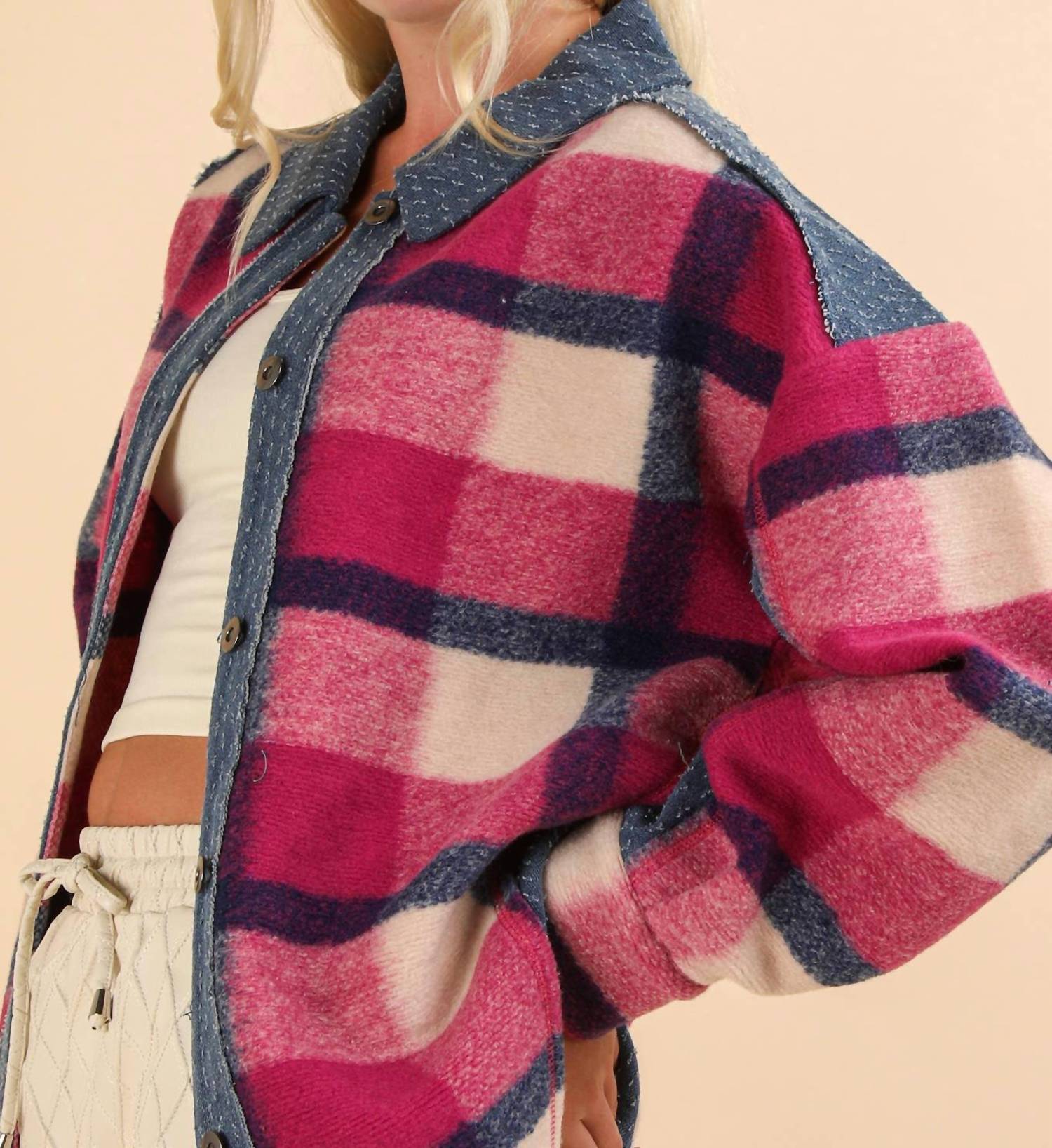 Very J - Textured Denim Contrast Plaid Shacket