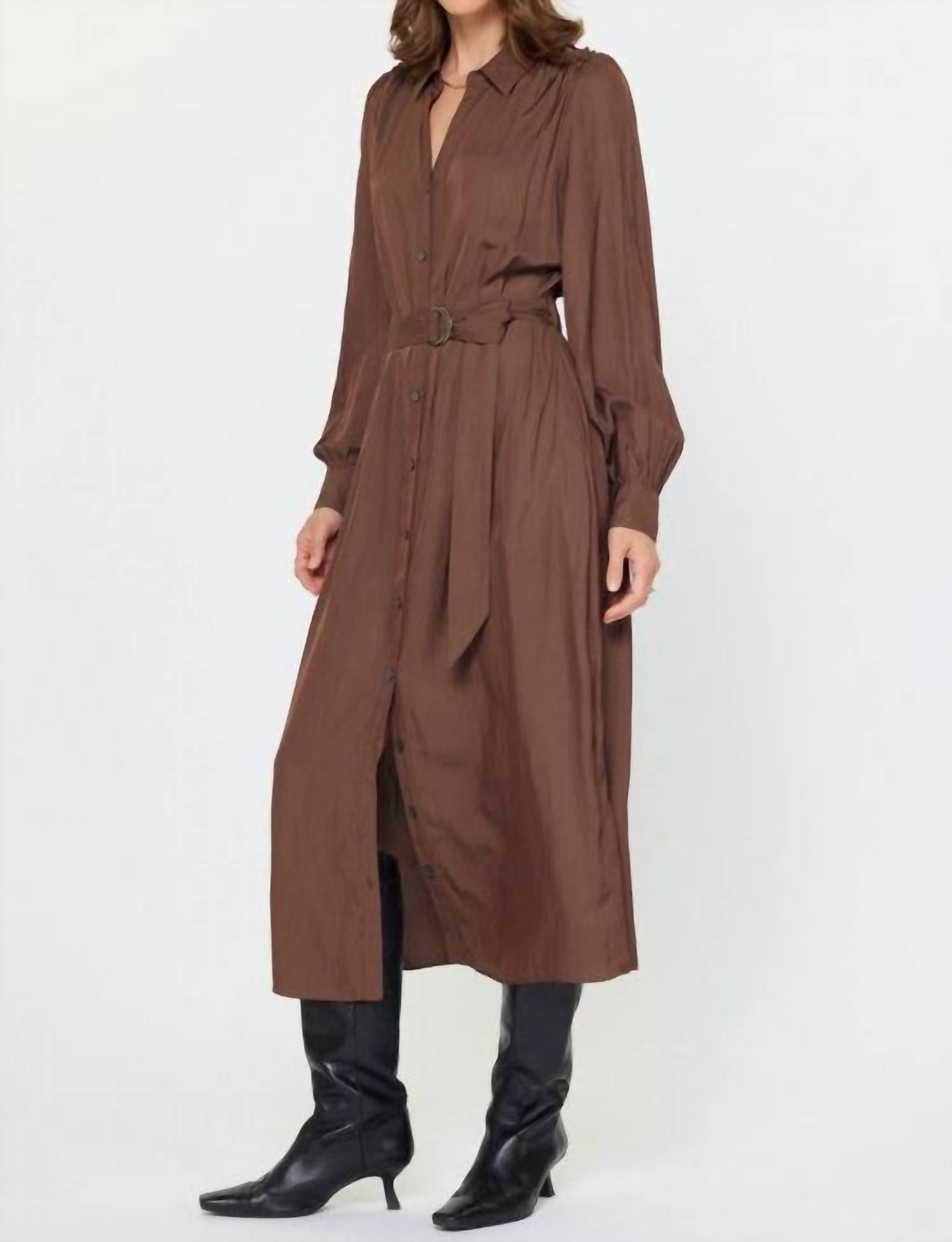 current air Button-down Shirts Dress With Self Tie in brown - women's dress - view 4