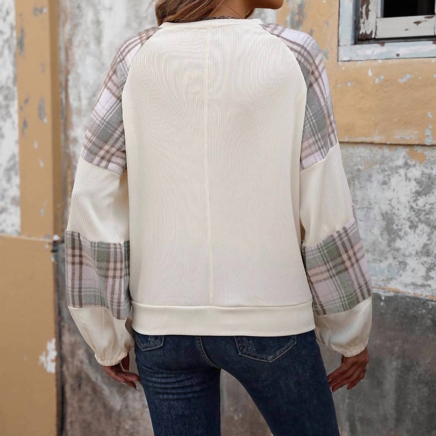 Masyal - Plaid Patchwork Sweatshirt