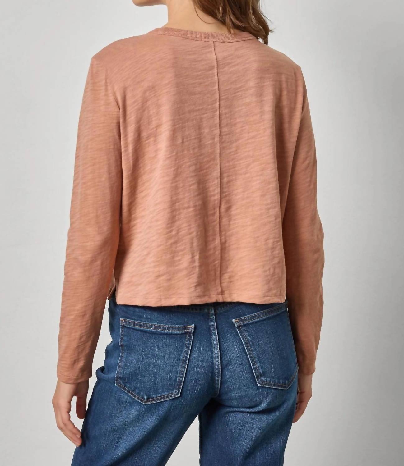 Lilla P Long Sleeve Cropped Boyfriend Tee in carob - women's long sleeve top - detail view
