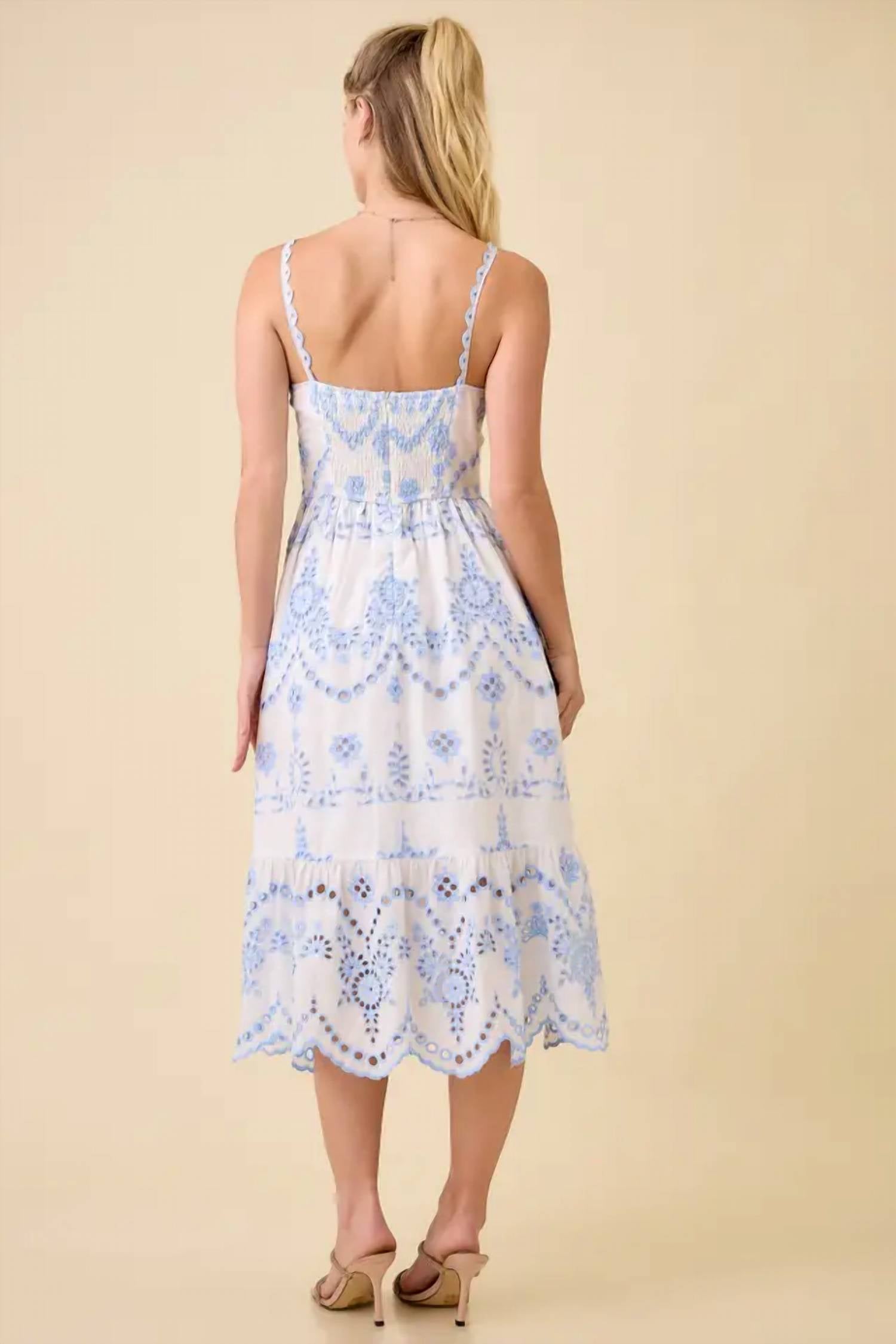 Main Strip Bluebell Eyelet Midi Dress in white blue - women's dress - detail view