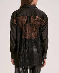 ELAN Delfina Lace Back Satin Button Down in black - women's shirt - detail view