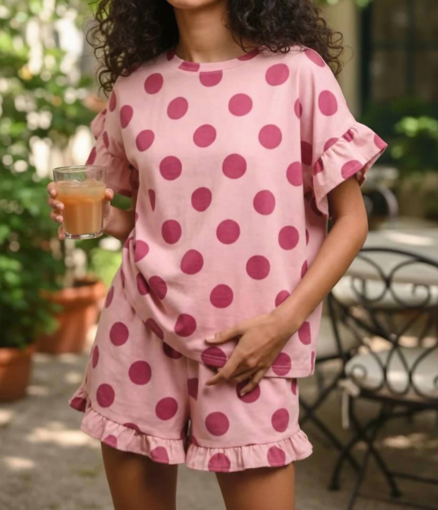 Bibi - Polka Dot Printed Ruffle Top And Shorts Set
