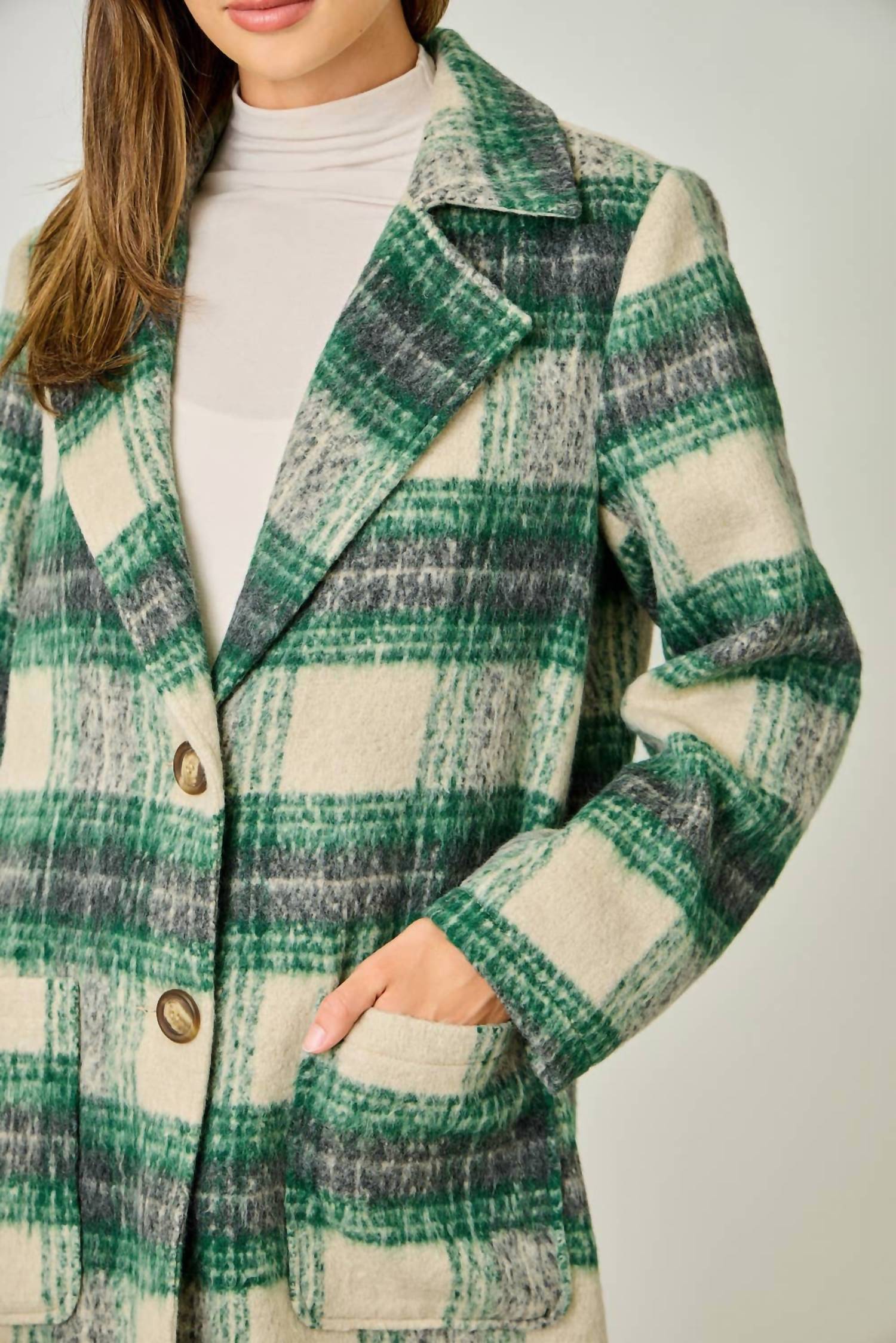 mystree Plaid Long Coat in ivory green - women's jacket - view 5
