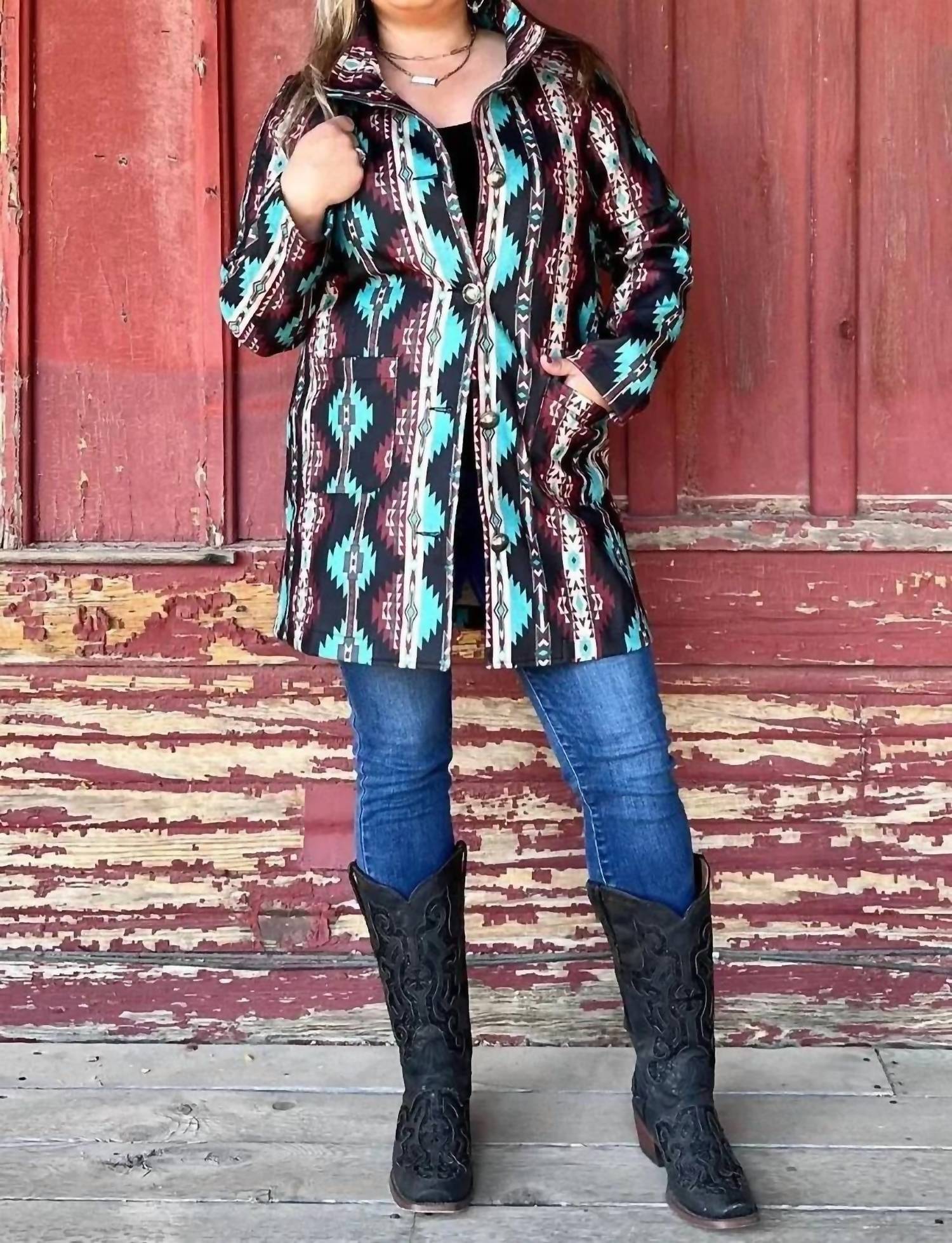Sterling Kreek Durango Aztec Jacket in turquoise maroon cream - women's jacket